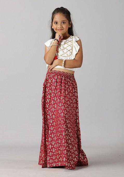 White Printed Blended Lehenga Choli For Girls