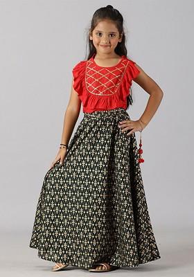 Red Embroidered Blended Lehenga Choli For Girls