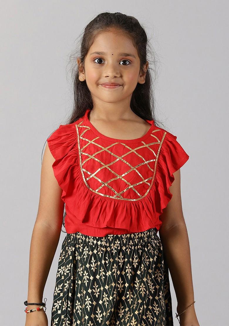 Red Embroidered Blended Lehenga Choli For Girls - Indya