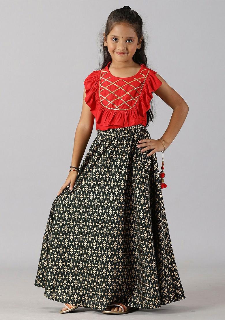 Red Embroidered Blended Lehenga Choli For Girls - Indya