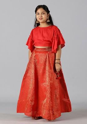 Red Embroidered Blended Lehenga Choli For Girls