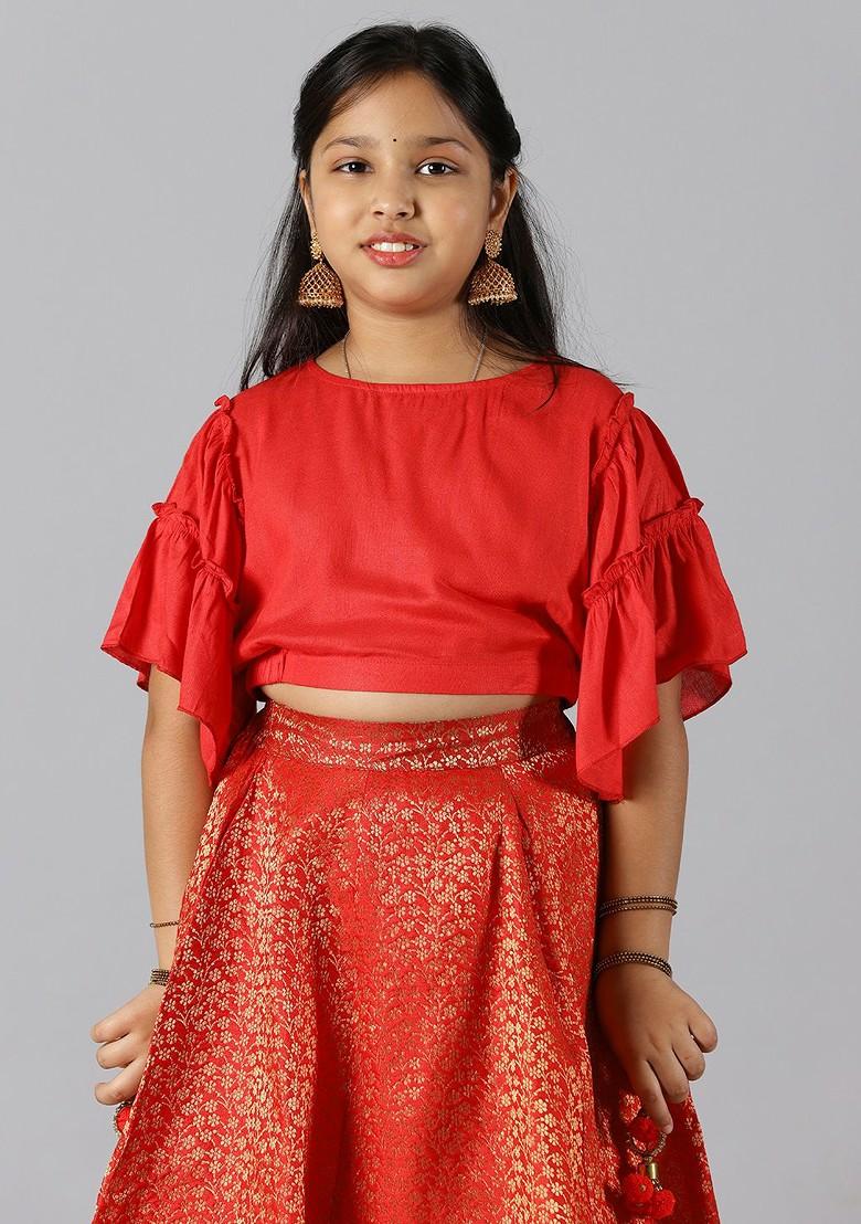Red Embroidered Blended Lehenga Choli For Girls - Indya