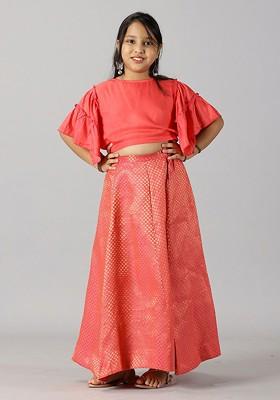 Coral Embroidered Blended Lehenga Choli For Girls