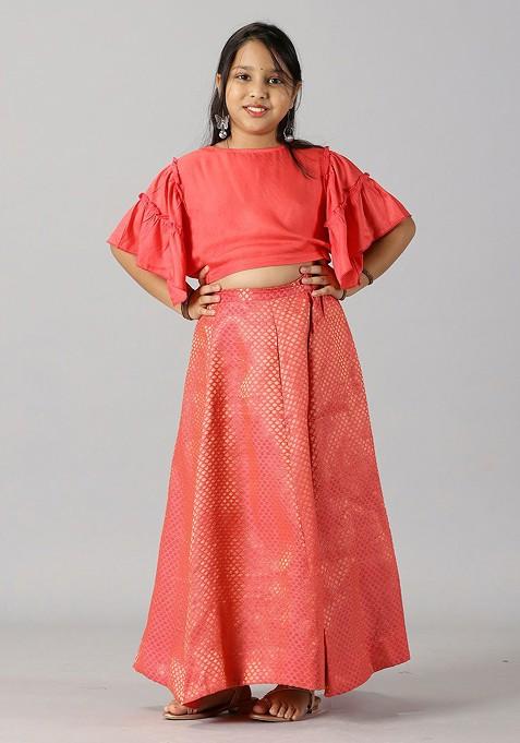 Coral Embroidered Blended Lehenga Choli For Girls — view on Indya