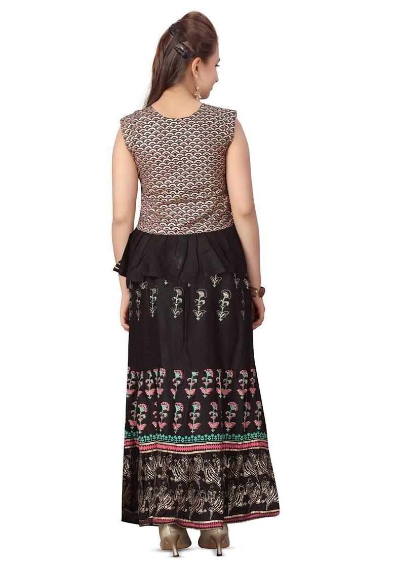 Black Printed Blended Lehenga Choli For Girls - Indya