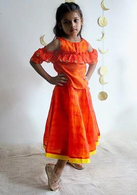 Orange Embroidered Blended Lehenga Choli For Girls