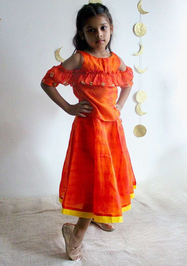 Orange Embroidered Blended Lehenga Choli For Girls - Indya