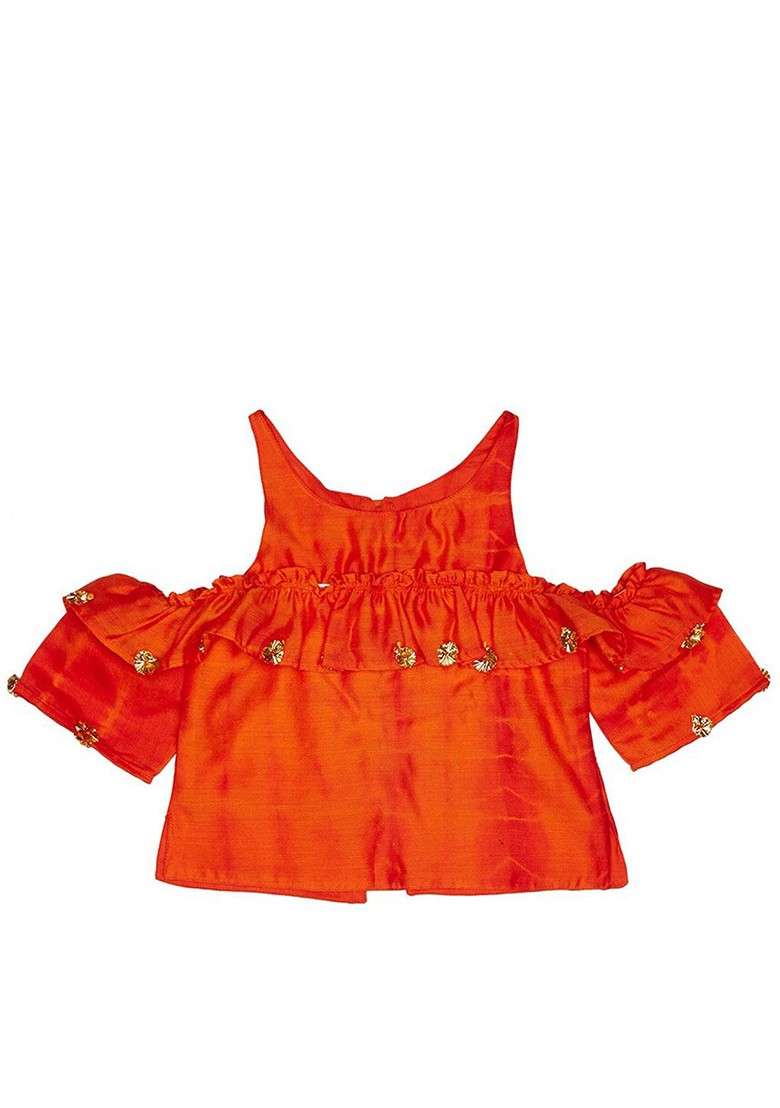 Orange Embroidered Blended Lehenga Choli For Girls - Indya