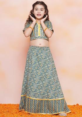 Blue Printed Cotton Blend Lehenga Choli For Girls