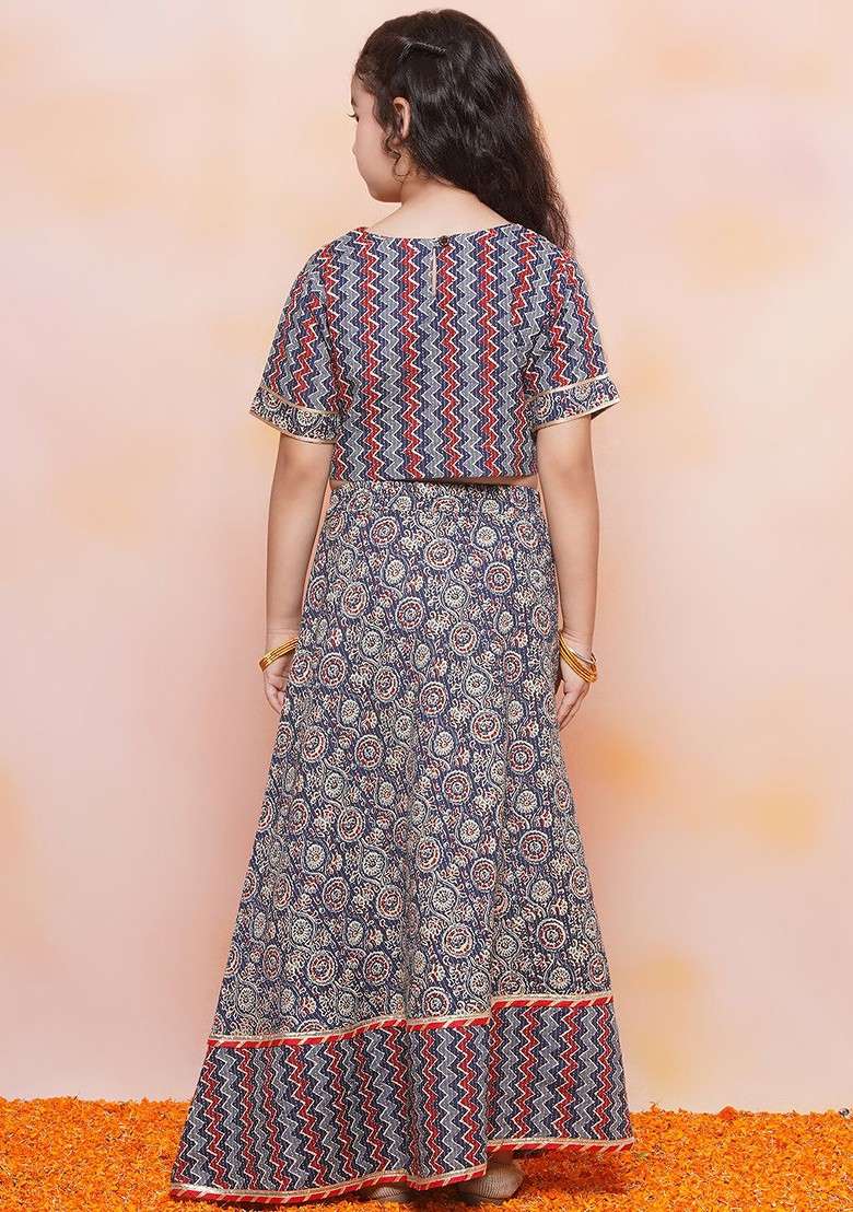 Blue Printed Cotton Blend Lehenga Choli For Girls - Indya