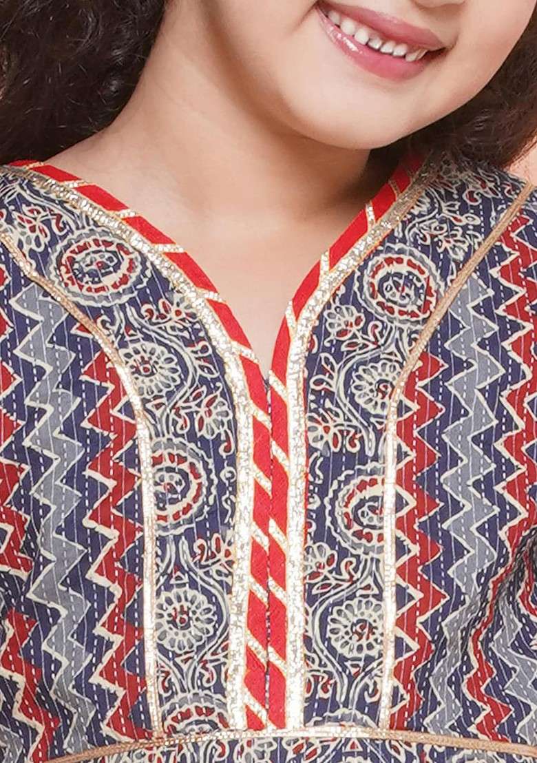 Blue Printed Cotton Blend Lehenga Choli For Girls - Indya