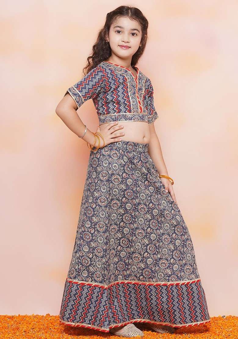 Blue Printed Cotton Blend Lehenga Choli For Girls - Indya
