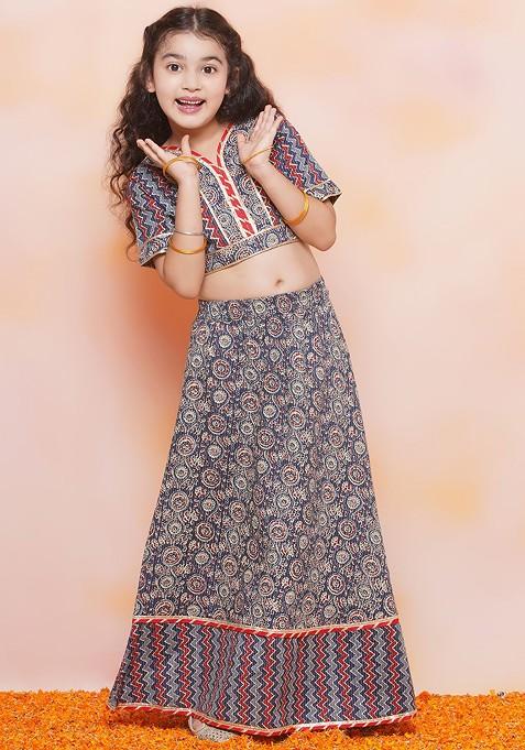 Blue Printed Cotton Blend Lehenga Choli For Girls — view on Indya