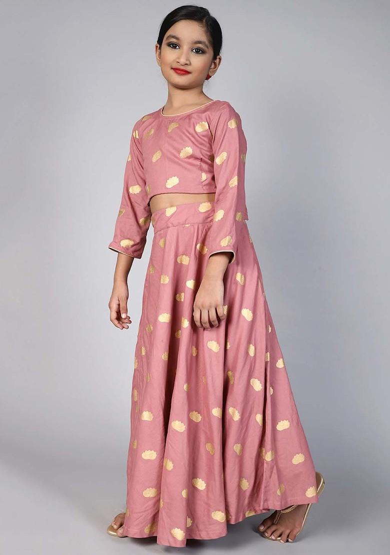 Mauve Printed Blended Lehenga Choli For Girls - Indya