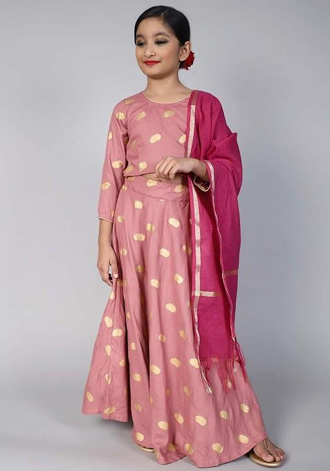 Mauve Printed Blended Lehenga Choli For Girls — view on Indya