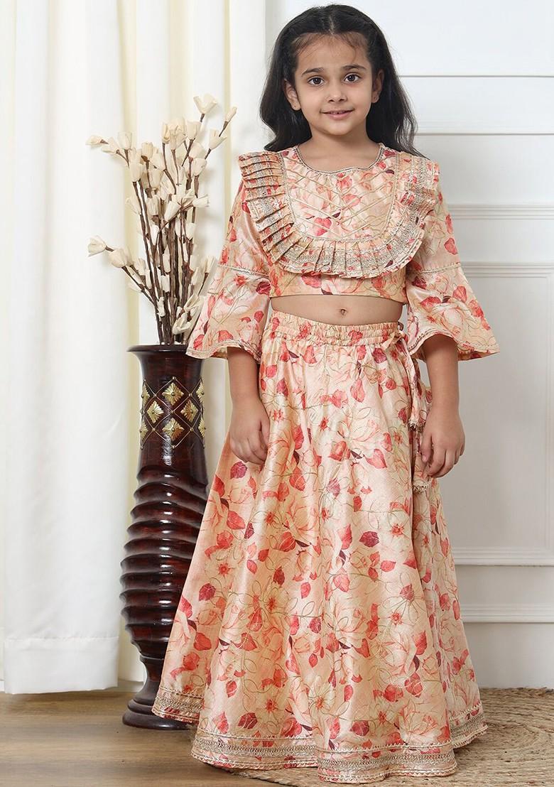 Beige Printed Blended Lehenga Choli For Girls - Indya