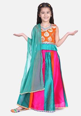 Orange Embroidered Blended Lehenga Choli For Girls