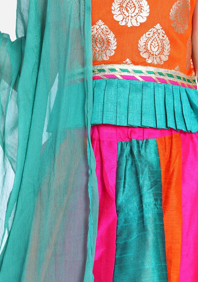 Orange Embroidered Blended Lehenga Choli For Girls - Indya