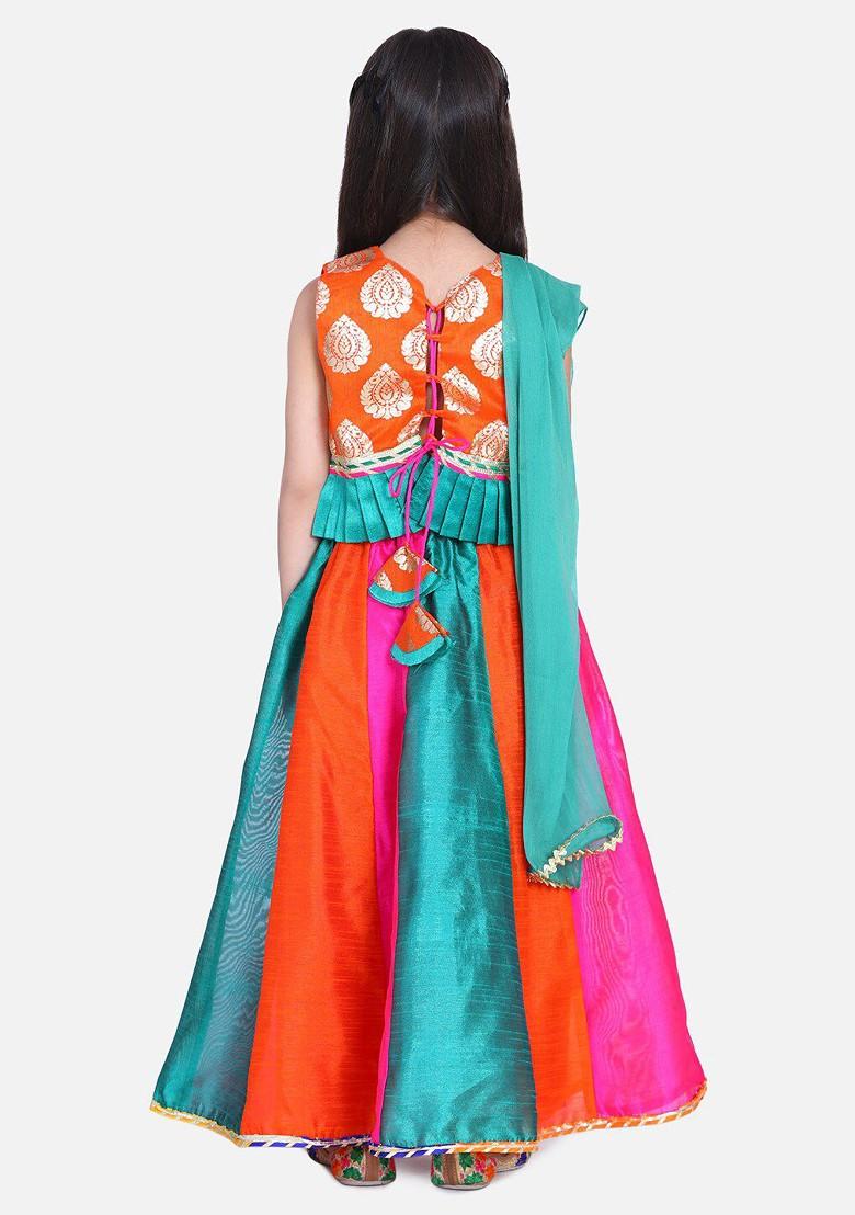 Orange Embroidered Blended Lehenga Choli For Girls - Indya
