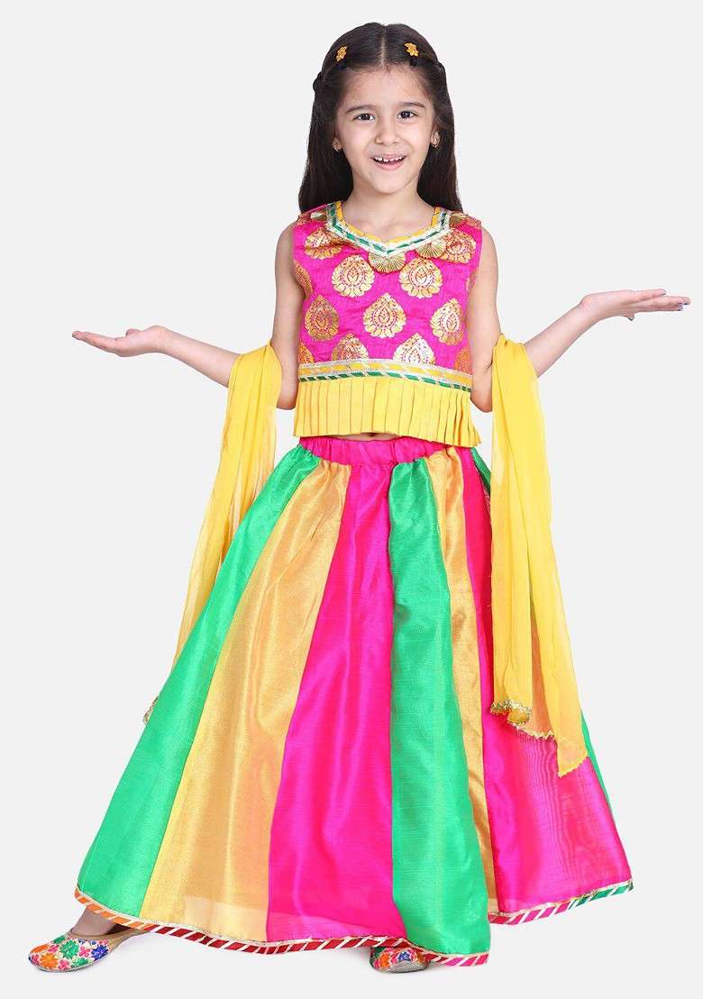 Pink Embroidered Blended Lehenga Choli For Girls - Indya