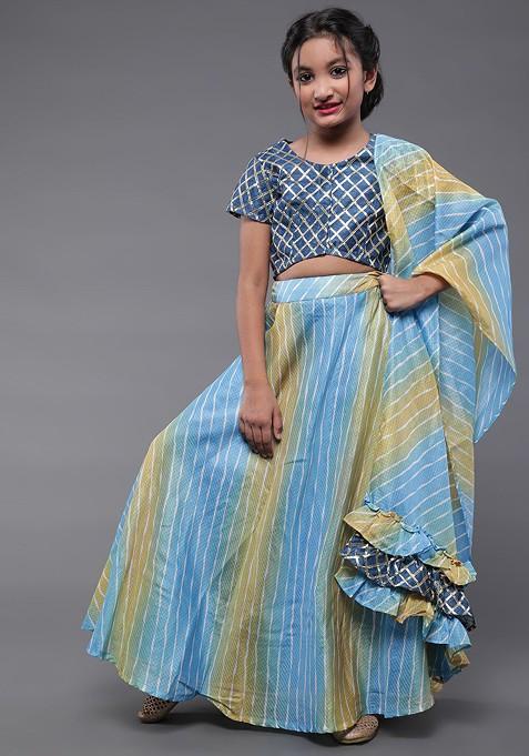Blue Printed Blended Lehenga Choli For Girls — view on Indya