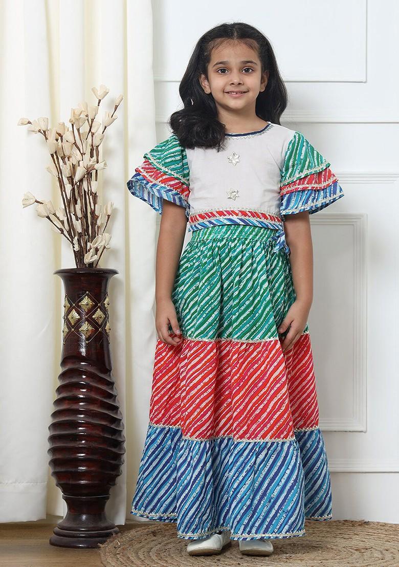 White Printed Cotton Blend Lehenga Choli For Girls - Indya