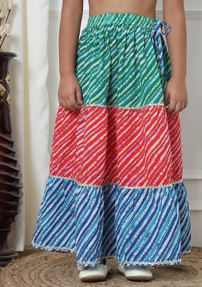 White Printed Cotton Blend Lehenga Choli For Girls - Indya