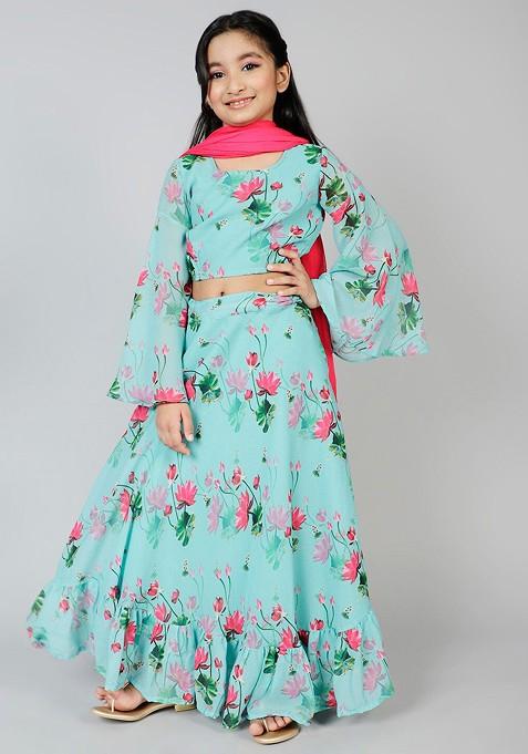 Blue Printed Blended Lehenga Choli For Girls — view on Indya