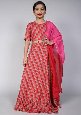 Red Printed Blended Lehenga Choli For Girls