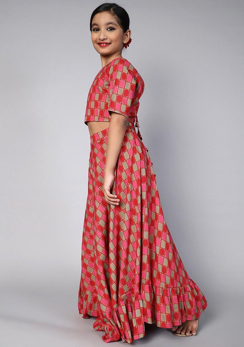 Red Printed Blended Lehenga Choli For Girls - Indya