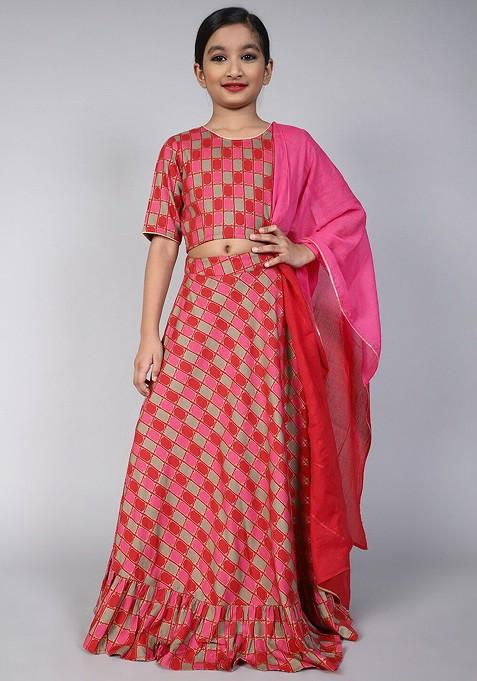 Red Printed Blended Lehenga Choli For Girls — view on Indya