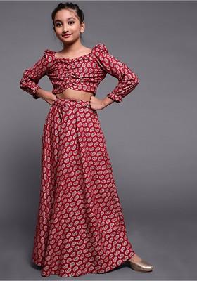 Maroon Printed Blended Lehenga Choli For Girls