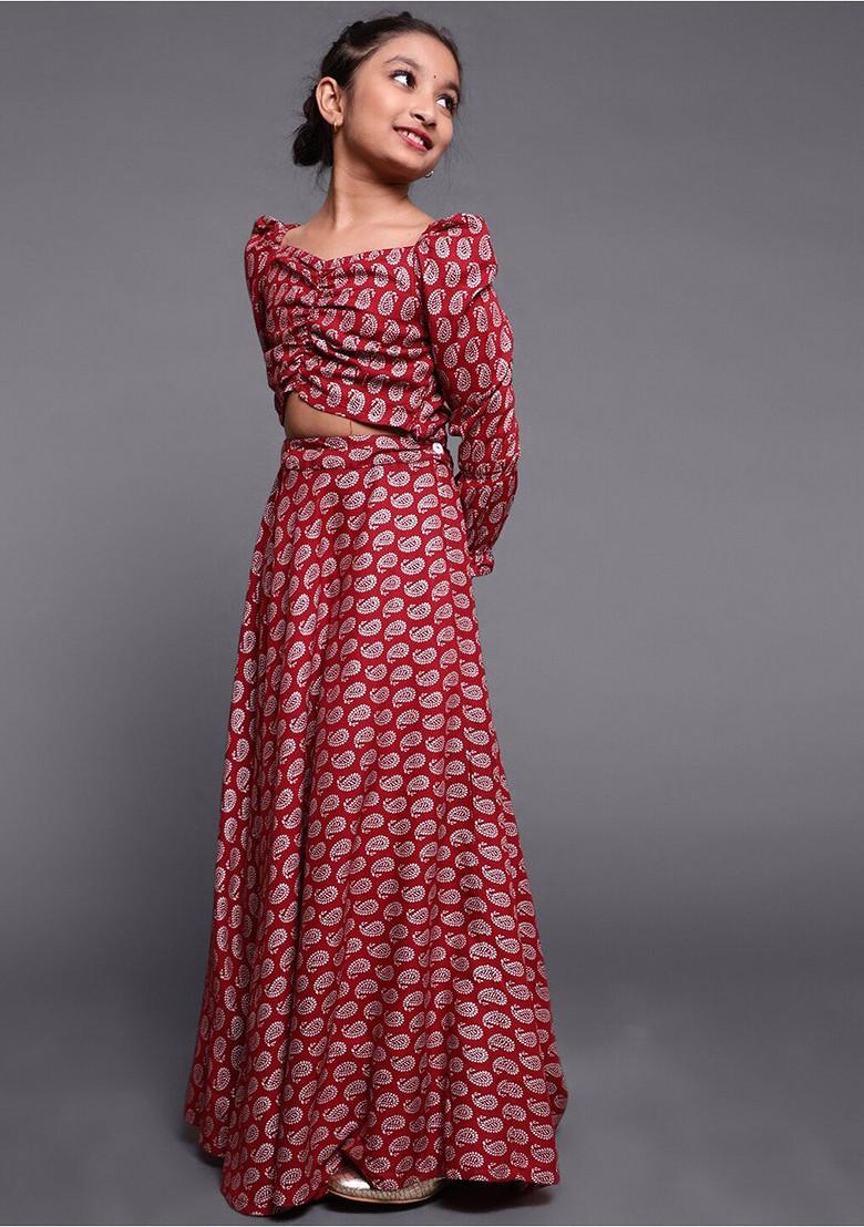 Maroon Printed Blended Lehenga Choli For Girls - Indya