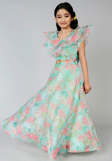 Green Printed Blended Lehenga Choli For Girls — view on Indya