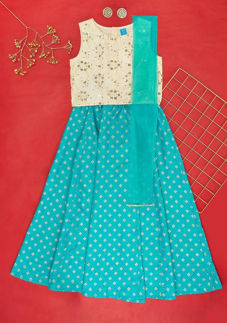 Turquoise Blue Printed Blended Lehenga Choli For Girls - Indya