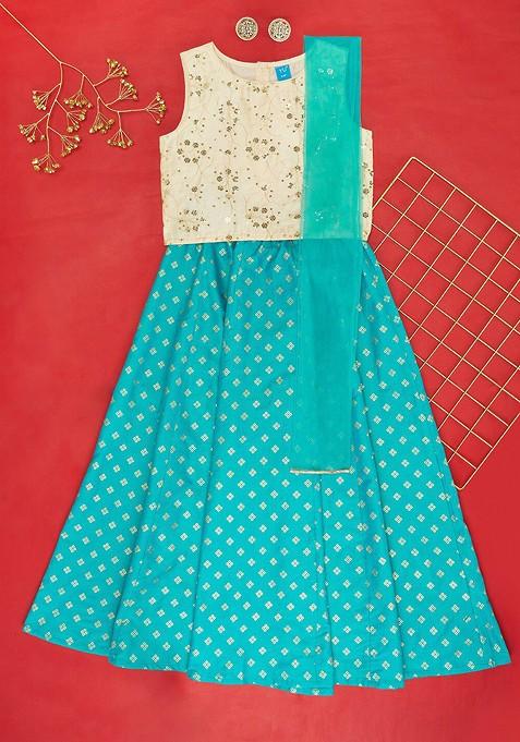 Turquoise Blue Printed Blended Lehenga Choli For Girls — view on Indya