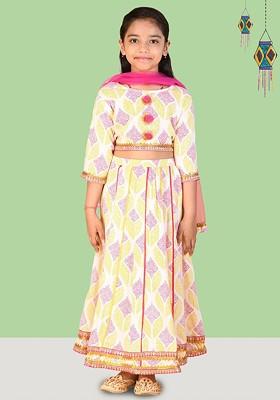 Pink Printed Cotton Blend Lehenga Choli For Girls