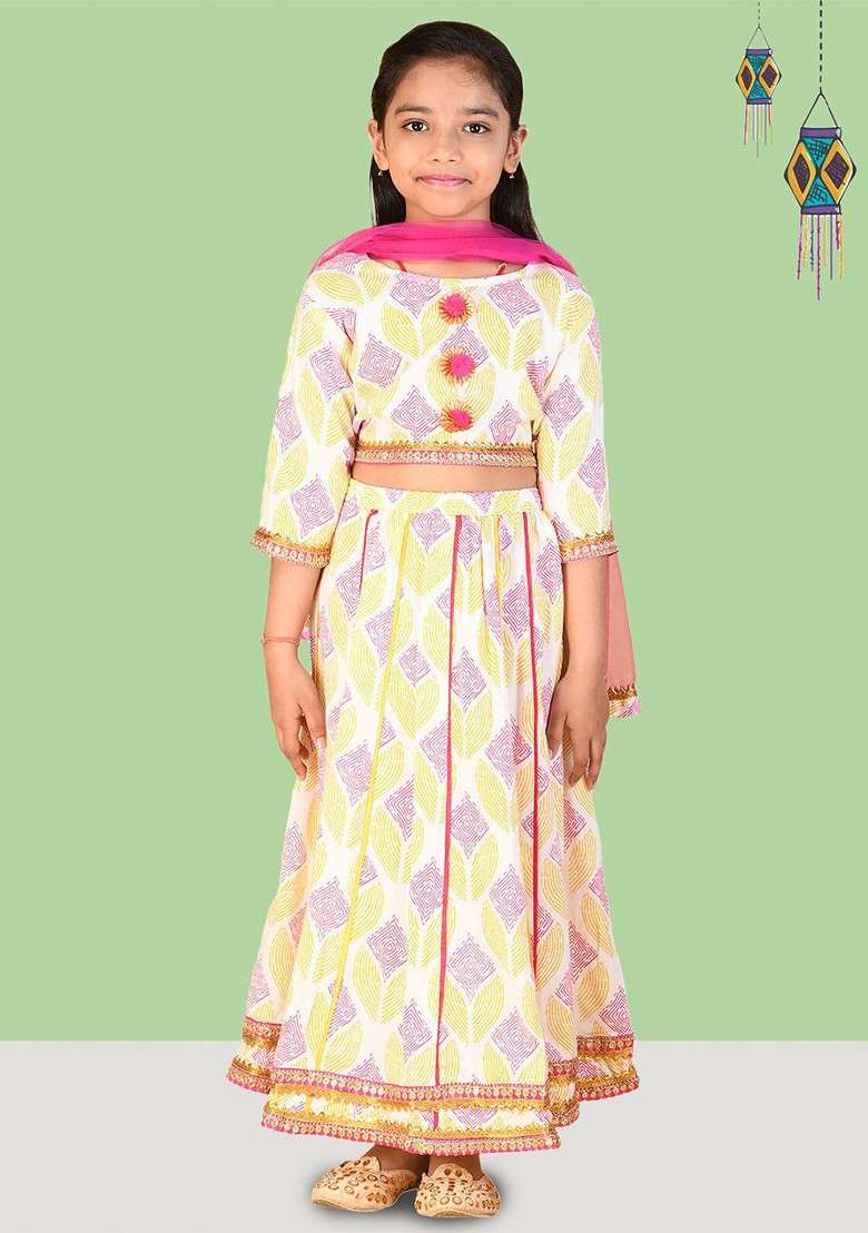 Pink Printed Cotton Blend Lehenga Choli For Girls - Indya