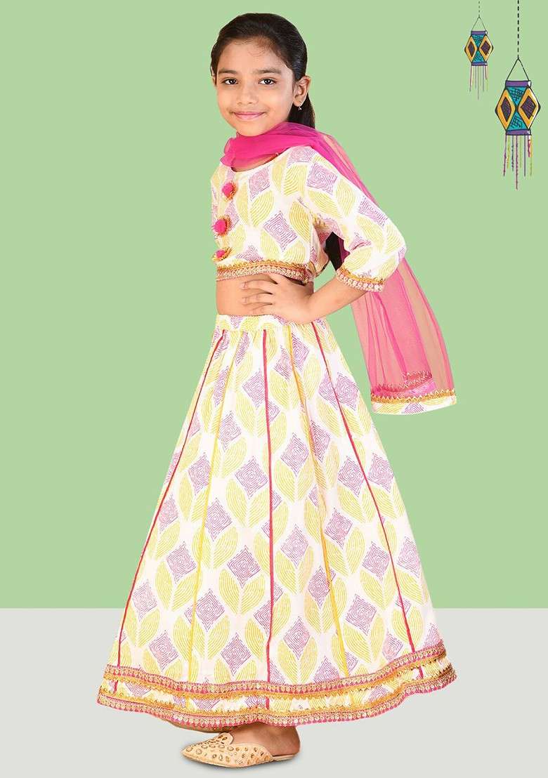 Pink Printed Cotton Blend Lehenga Choli For Girls - Indya