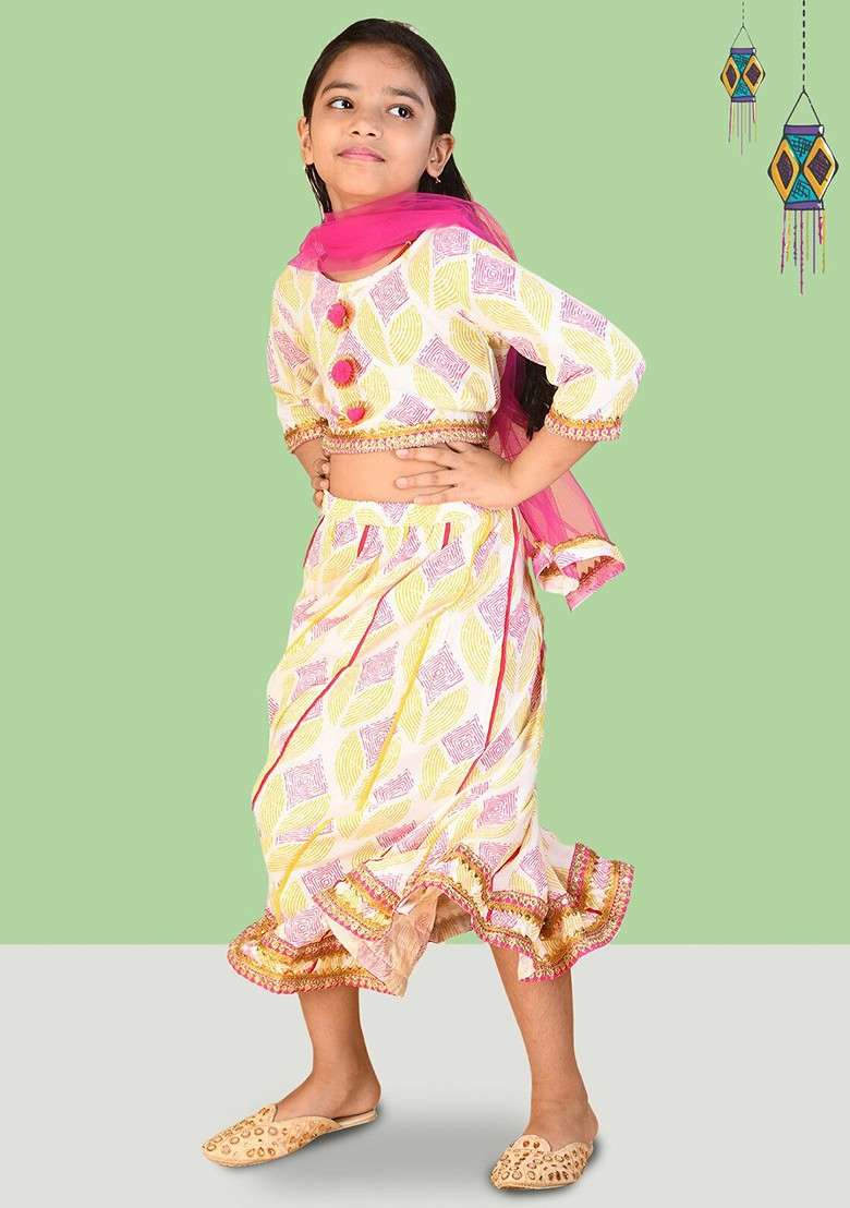 Pink Printed Cotton Blend Lehenga Choli For Girls - Indya
