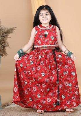 Red Printed Blended Lehenga Choli For Girls