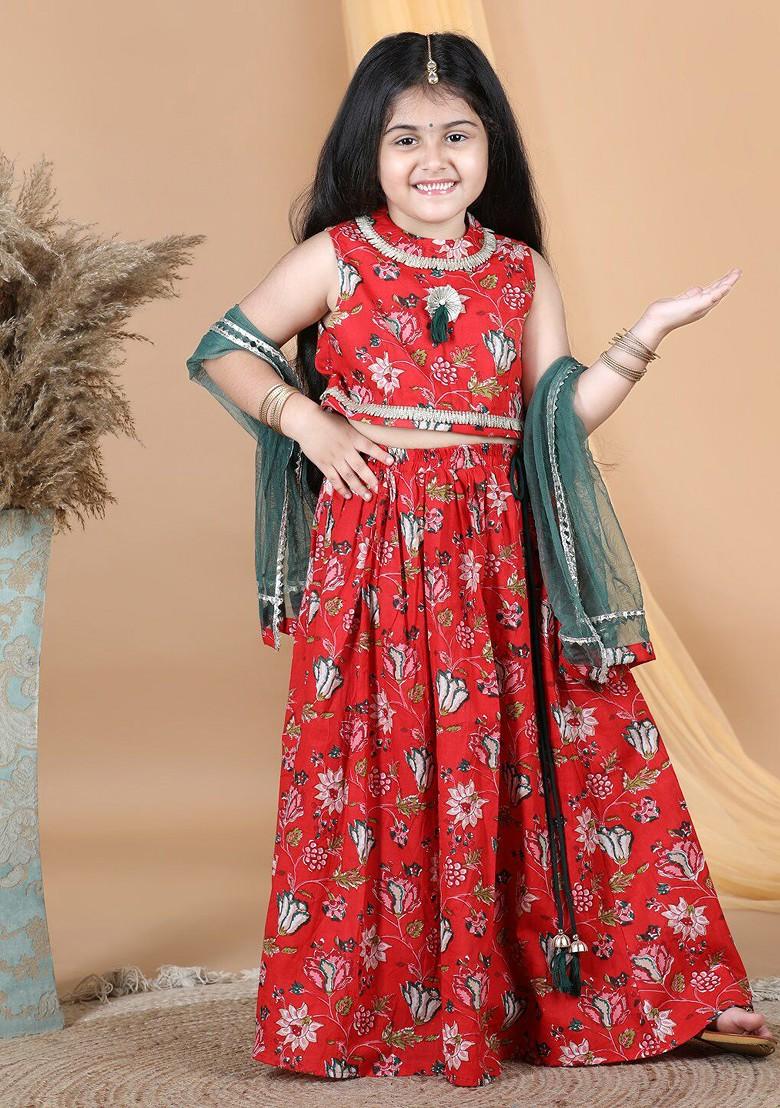 Red Printed Blended Lehenga Choli For Girls - Indya