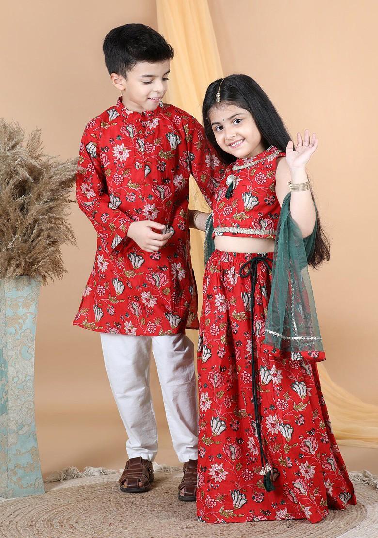 Red Printed Blended Lehenga Choli For Girls - Indya
