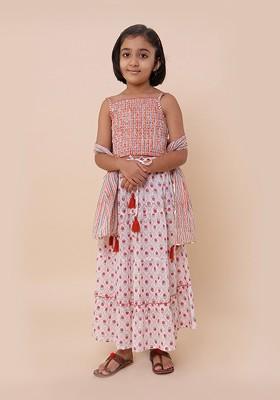 Red Printed Cotton Blend Lehenga Choli For Girls