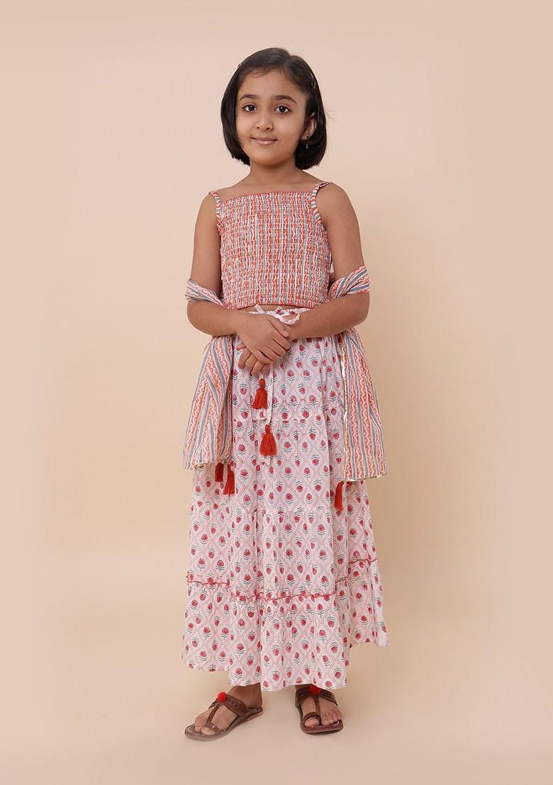 Red Printed Cotton Blend Lehenga Choli For Girls - Indya