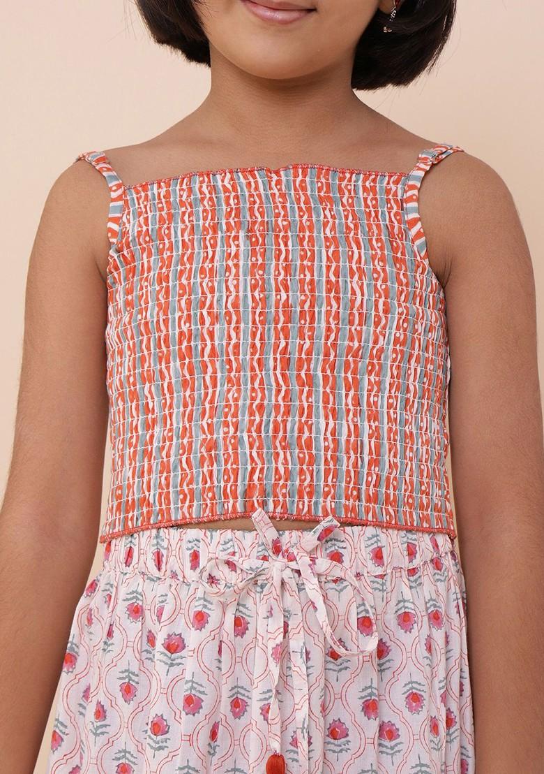 Red Printed Cotton Blend Lehenga Choli For Girls - Indya