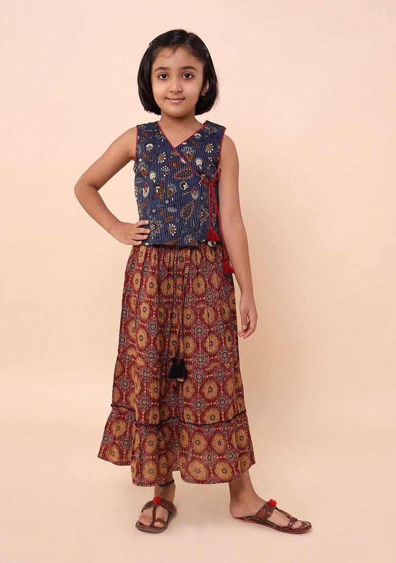 Navy Blue Printed Cotton Blend Lehenga Choli For Girls - Indya