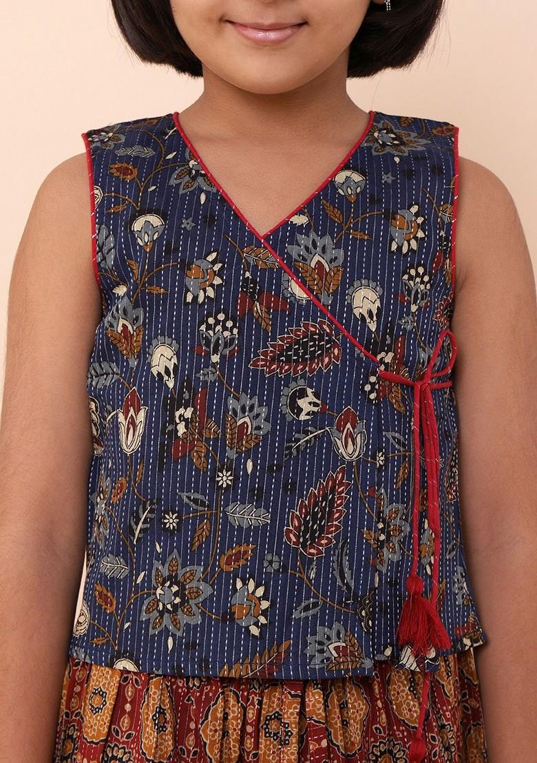 Navy Blue Printed Cotton Blend Lehenga Choli For Girls - Indya