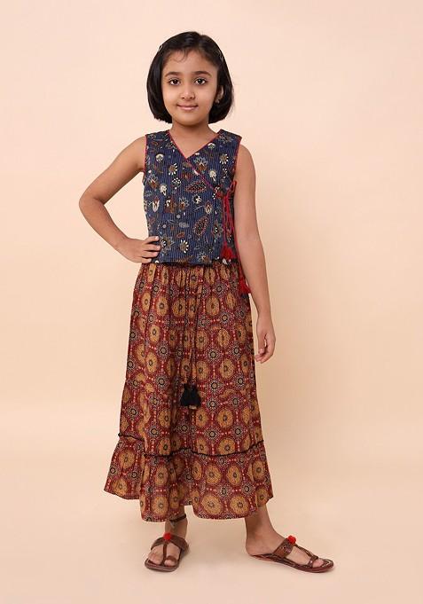 Navy Blue Printed Cotton Blend Lehenga Choli For Girls — view on Indya