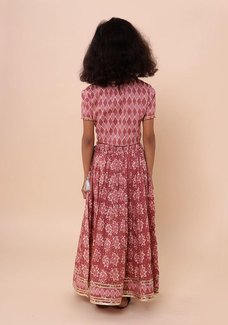 Pink Printed Cotton Blend Lehenga Choli For Girls - Indya